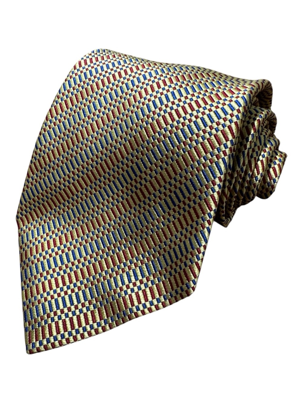 Corneliani mens gold red blue geo stripe pattern 100% silk neck tie EUC